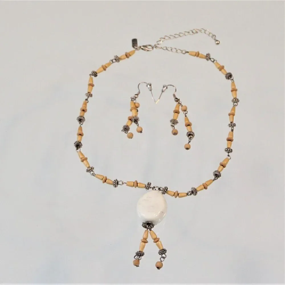 Boho Festival Necklace Earring Set Wood Silver Beads Christina Collection